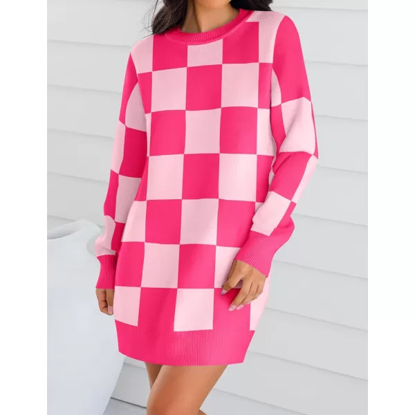 imageZESICA Womens Casual Long Sleeve Tunic Sweater Dress Crew Neck Plaid Knit Oversized Pullover Jumper TopsRose