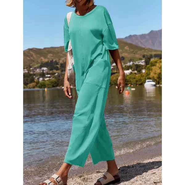 imageZESICA Womens Casual Loose Jumpsuits 2024 Short Sleeve Crewneck Backless Baggy Wide Leg Long Pant Overalls RompersAqua