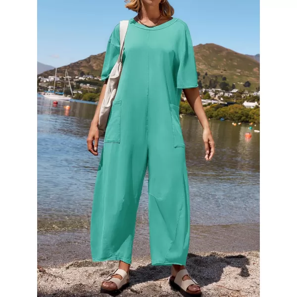 imageZESICA Womens Casual Loose Jumpsuits 2024 Short Sleeve Crewneck Backless Baggy Wide Leg Long Pant Overalls RompersAqua