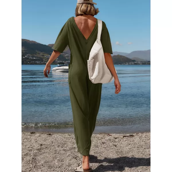 imageZESICA Womens Casual Loose Jumpsuits 2024 Short Sleeve Crewneck Backless Baggy Wide Leg Long Pant Overalls RompersArmy Green