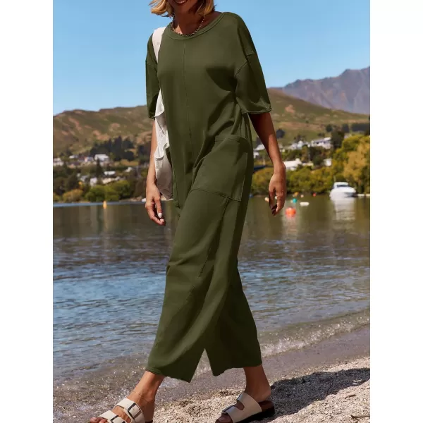 imageZESICA Womens Casual Loose Jumpsuits 2024 Short Sleeve Crewneck Backless Baggy Wide Leg Long Pant Overalls RompersArmy Green
