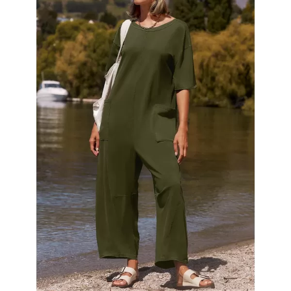 imageZESICA Womens Casual Loose Jumpsuits 2024 Short Sleeve Crewneck Backless Baggy Wide Leg Long Pant Overalls RompersArmy Green