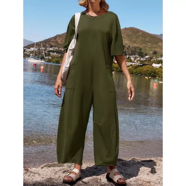 imageZESICA Womens Casual Loose Jumpsuits 2024 Short Sleeve Crewneck Backless Baggy Wide Leg Long Pant Overalls RompersArmy Green