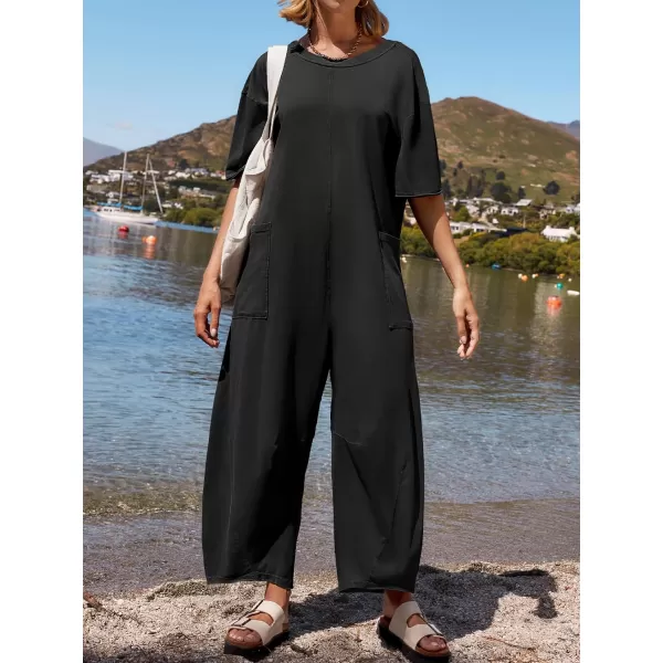 imageZESICA Womens Casual Loose Jumpsuits 2024 Short Sleeve Crewneck Backless Baggy Wide Leg Long Pant Overalls RompersBlack