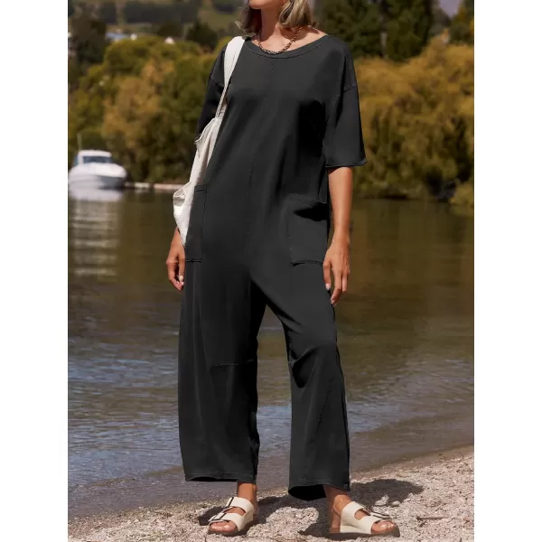 imageZESICA Womens Casual Loose Jumpsuits 2024 Short Sleeve Crewneck Backless Baggy Wide Leg Long Pant Overalls RompersBlack