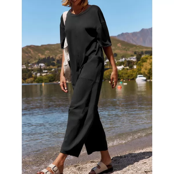 imageZESICA Womens Casual Loose Jumpsuits 2024 Short Sleeve Crewneck Backless Baggy Wide Leg Long Pant Overalls RompersBlack