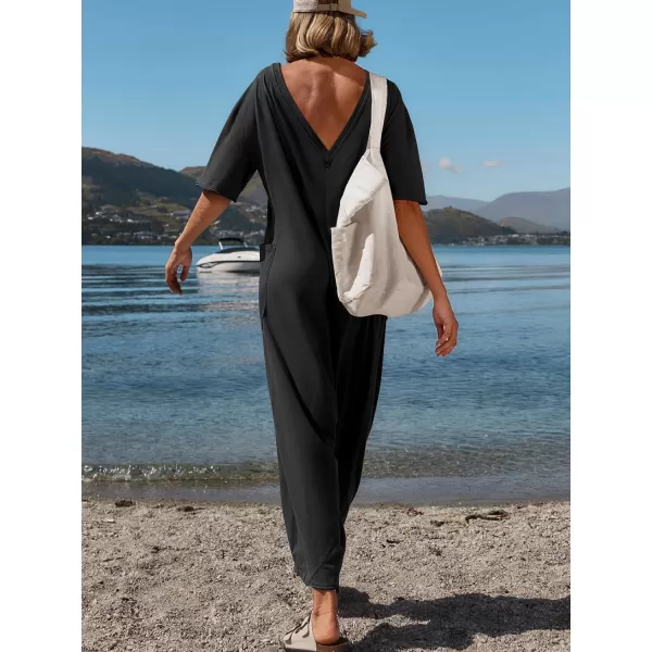 imageZESICA Womens Casual Loose Jumpsuits 2024 Short Sleeve Crewneck Backless Baggy Wide Leg Long Pant Overalls RompersBlack