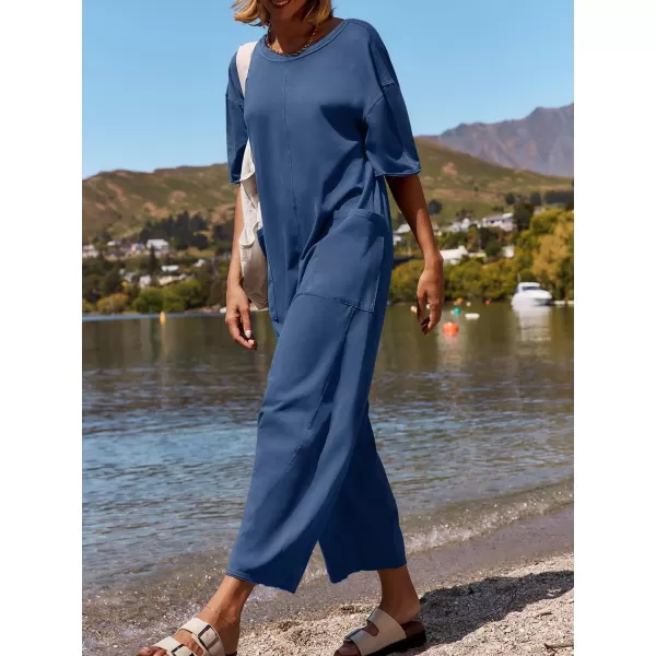 imageZESICA Womens Casual Loose Jumpsuits 2024 Short Sleeve Crewneck Backless Baggy Wide Leg Long Pant Overalls RompersDusty Blue