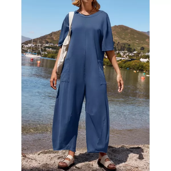 imageZESICA Womens Casual Loose Jumpsuits 2024 Short Sleeve Crewneck Backless Baggy Wide Leg Long Pant Overalls RompersDusty Blue
