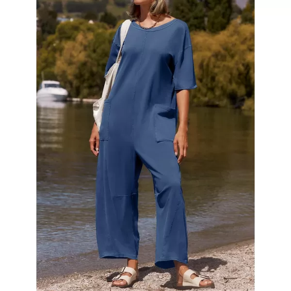 imageZESICA Womens Casual Loose Jumpsuits 2024 Short Sleeve Crewneck Backless Baggy Wide Leg Long Pant Overalls RompersDusty Blue