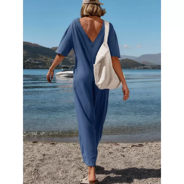 imageZESICA Womens Casual Loose Jumpsuits 2024 Short Sleeve Crewneck Backless Baggy Wide Leg Long Pant Overalls RompersDusty Blue