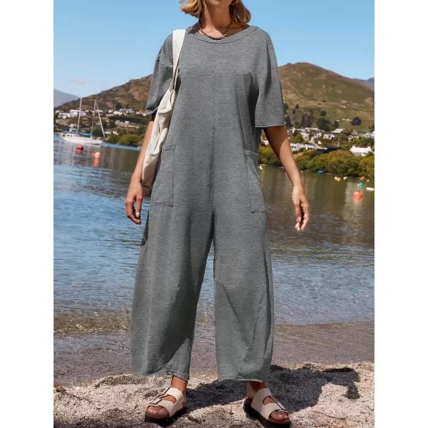 imageZESICA Womens Casual Loose Jumpsuits 2024 Short Sleeve Crewneck Backless Baggy Wide Leg Long Pant Overalls RompersGrey