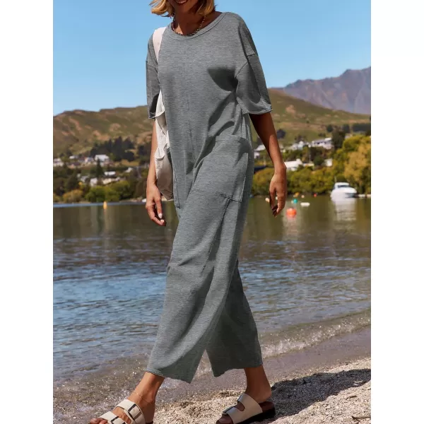 imageZESICA Womens Casual Loose Jumpsuits 2024 Short Sleeve Crewneck Backless Baggy Wide Leg Long Pant Overalls RompersGrey