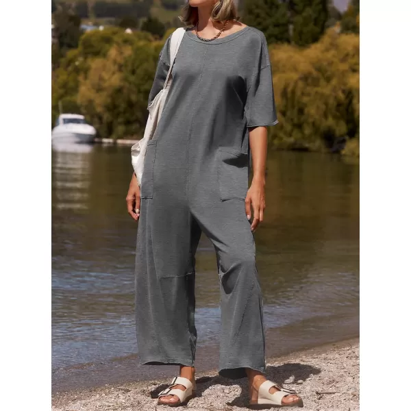 imageZESICA Womens Casual Loose Jumpsuits 2024 Short Sleeve Crewneck Backless Baggy Wide Leg Long Pant Overalls RompersGrey