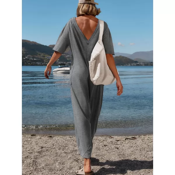 imageZESICA Womens Casual Loose Jumpsuits 2024 Short Sleeve Crewneck Backless Baggy Wide Leg Long Pant Overalls RompersGrey