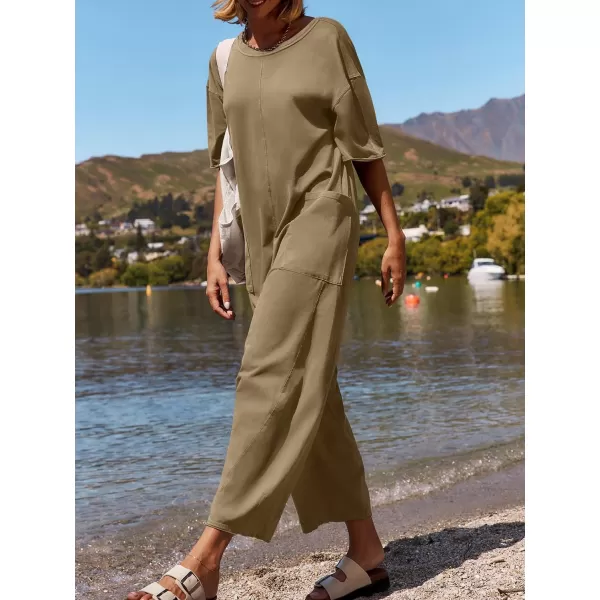 imageZESICA Womens Casual Loose Jumpsuits 2024 Short Sleeve Crewneck Backless Baggy Wide Leg Long Pant Overalls RompersKhaki