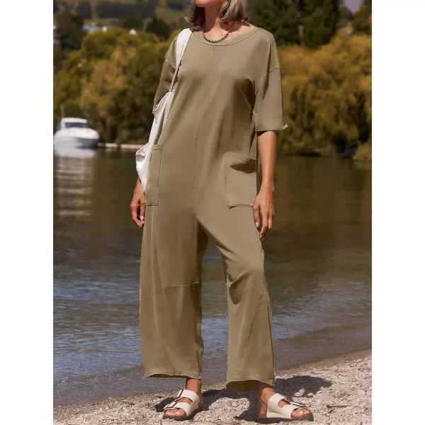 imageZESICA Womens Casual Loose Jumpsuits 2024 Short Sleeve Crewneck Backless Baggy Wide Leg Long Pant Overalls RompersKhaki