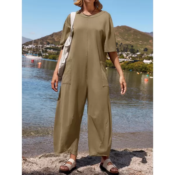 imageZESICA Womens Casual Loose Jumpsuits 2024 Short Sleeve Crewneck Backless Baggy Wide Leg Long Pant Overalls RompersKhaki