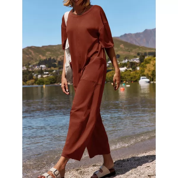 imageZESICA Womens Casual Loose Jumpsuits 2024 Short Sleeve Crewneck Backless Baggy Wide Leg Long Pant Overalls RompersRust