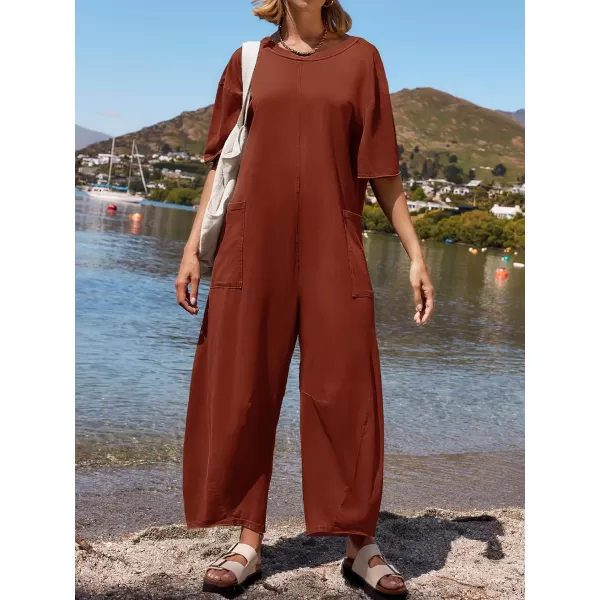 imageZESICA Womens Casual Loose Jumpsuits 2024 Short Sleeve Crewneck Backless Baggy Wide Leg Long Pant Overalls RompersRust