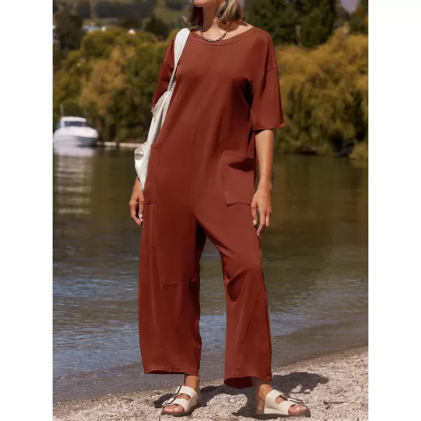 imageZESICA Womens Casual Loose Jumpsuits 2024 Short Sleeve Crewneck Backless Baggy Wide Leg Long Pant Overalls RompersRust