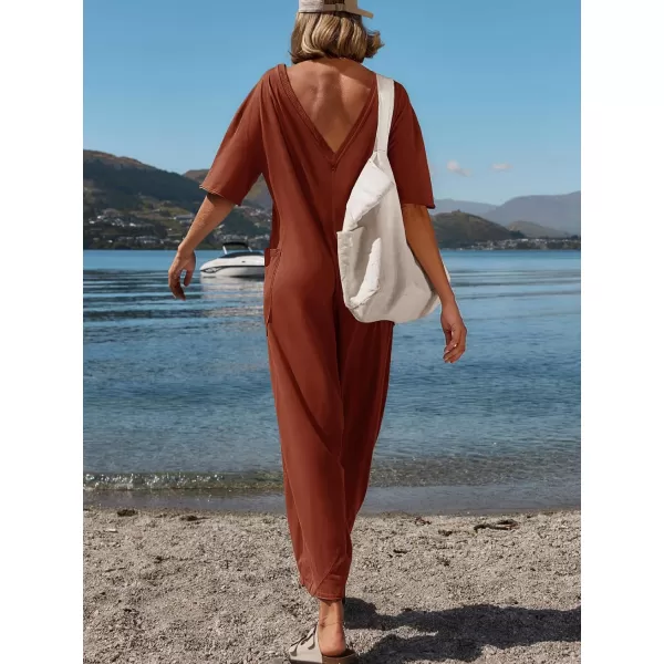 imageZESICA Womens Casual Loose Jumpsuits 2024 Short Sleeve Crewneck Backless Baggy Wide Leg Long Pant Overalls RompersRust