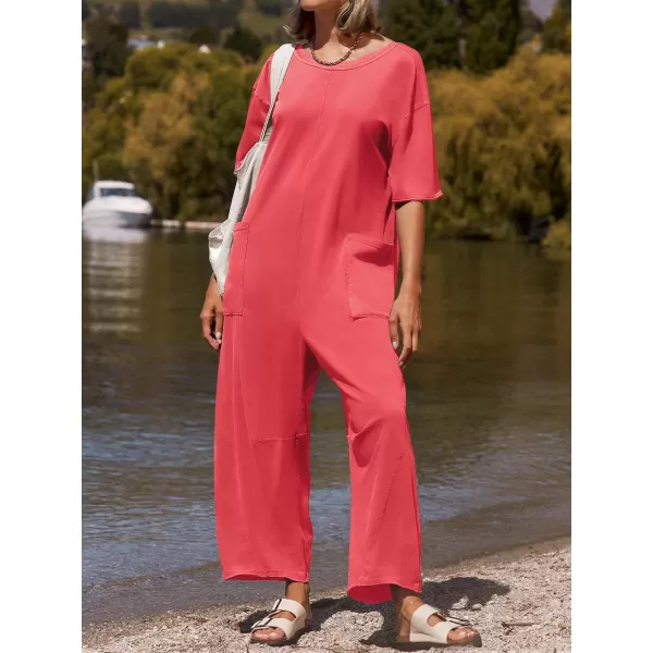 imageZESICA Womens Casual Loose Jumpsuits 2024 Short Sleeve Crewneck Backless Baggy Wide Leg Long Pant Overalls RompersWatermelonred