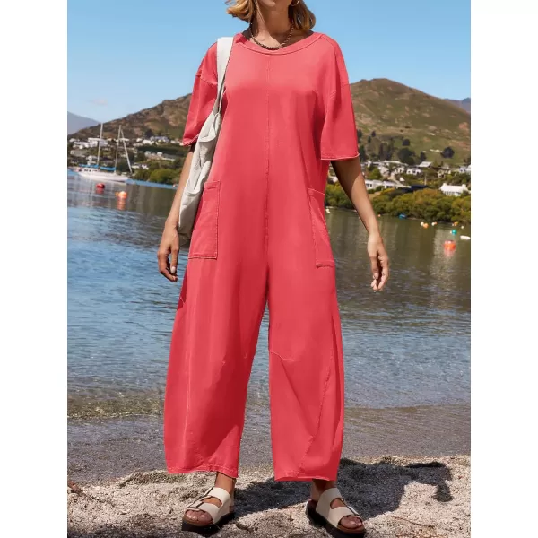 imageZESICA Womens Casual Loose Jumpsuits 2024 Short Sleeve Crewneck Backless Baggy Wide Leg Long Pant Overalls RompersWatermelonred