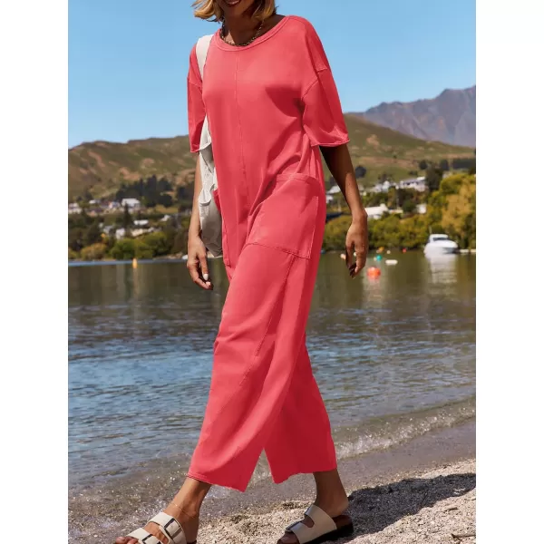 imageZESICA Womens Casual Loose Jumpsuits 2024 Short Sleeve Crewneck Backless Baggy Wide Leg Long Pant Overalls RompersWatermelonred