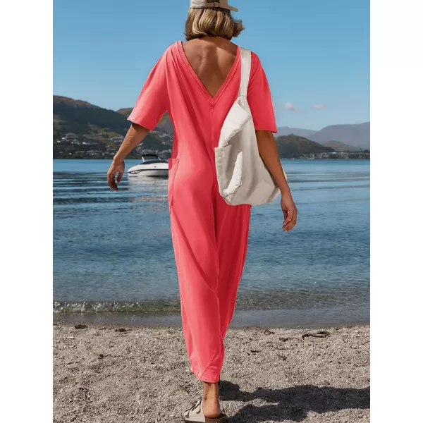 imageZESICA Womens Casual Loose Jumpsuits 2024 Short Sleeve Crewneck Backless Baggy Wide Leg Long Pant Overalls RompersWatermelonred