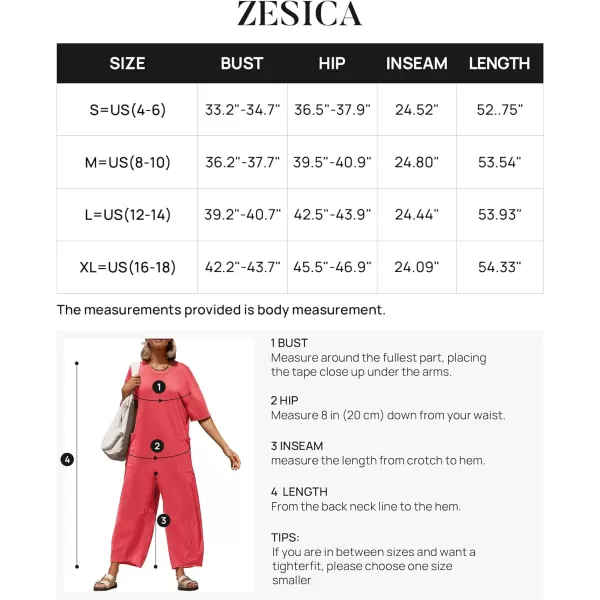 imageZESICA Womens Casual Loose Jumpsuits 2024 Short Sleeve Crewneck Backless Baggy Wide Leg Long Pant Overalls RompersWatermelonred