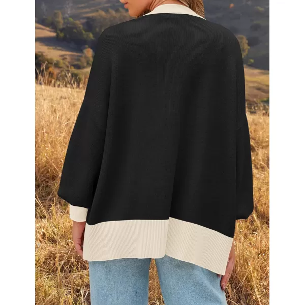 imageZESICA Womens Casual Loose Knitted Cardigan Long Sleeve Open Front Contrast Color Button Down Oversized Sweater CoatsBlack