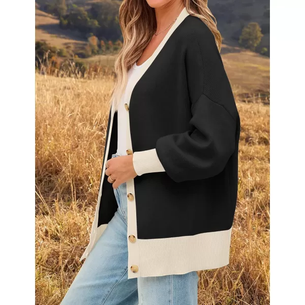 imageZESICA Womens Casual Loose Knitted Cardigan Long Sleeve Open Front Contrast Color Button Down Oversized Sweater CoatsBlack