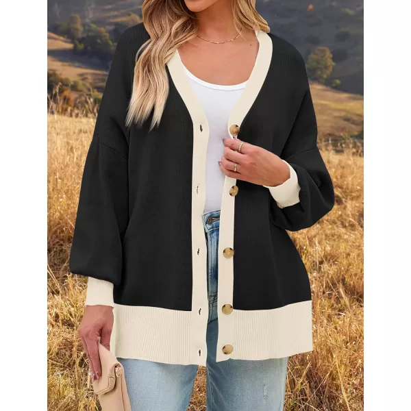 imageZESICA Womens Casual Loose Knitted Cardigan Long Sleeve Open Front Contrast Color Button Down Oversized Sweater CoatsBlack