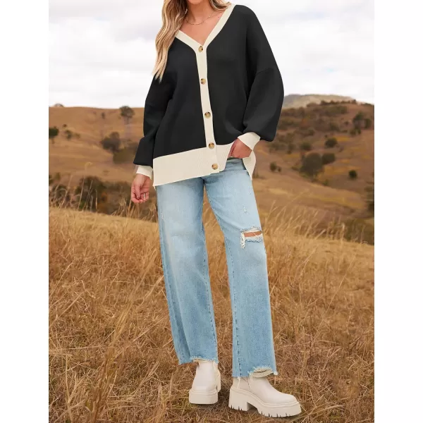 imageZESICA Womens Casual Loose Knitted Cardigan Long Sleeve Open Front Contrast Color Button Down Oversized Sweater CoatsBlack