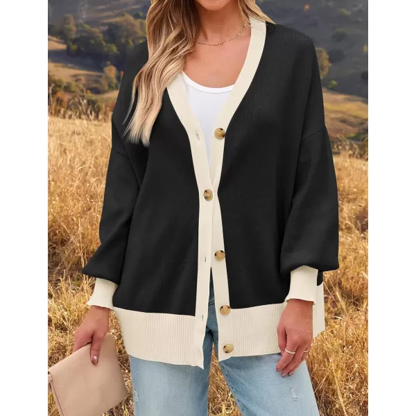 imageZESICA Womens Casual Loose Knitted Cardigan Long Sleeve Open Front Contrast Color Button Down Oversized Sweater CoatsBlack