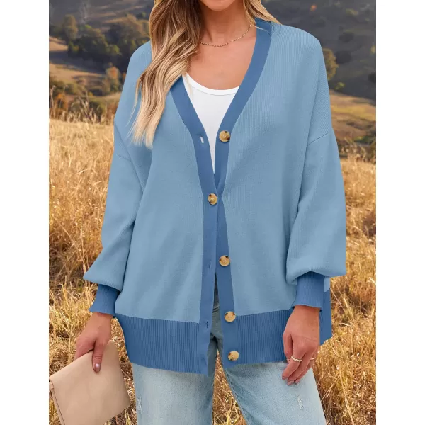 imageZESICA Womens Casual Loose Knitted Cardigan Long Sleeve Open Front Contrast Color Button Down Oversized Sweater CoatsBlue