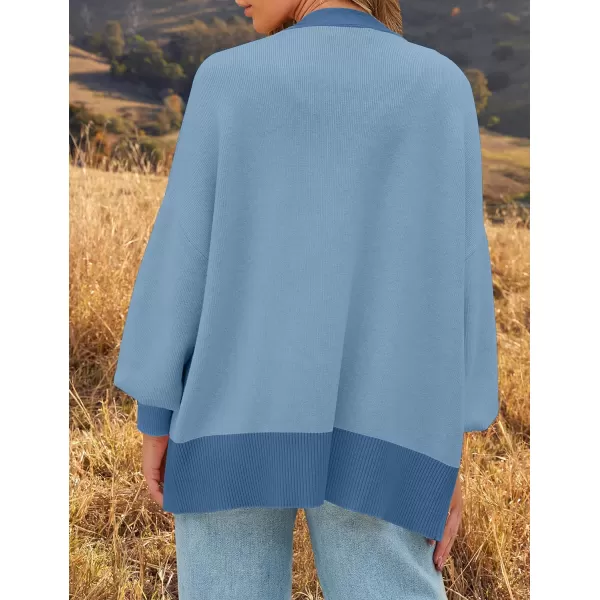 imageZESICA Womens Casual Loose Knitted Cardigan Long Sleeve Open Front Contrast Color Button Down Oversized Sweater CoatsBlue