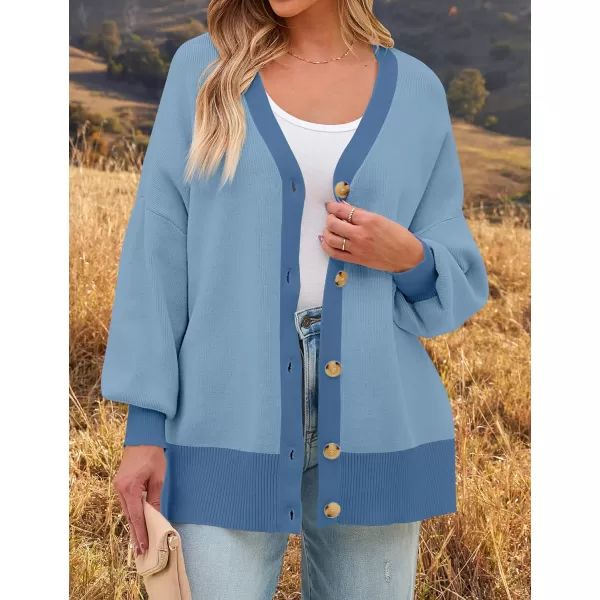 imageZESICA Womens Casual Loose Knitted Cardigan Long Sleeve Open Front Contrast Color Button Down Oversized Sweater CoatsBlue