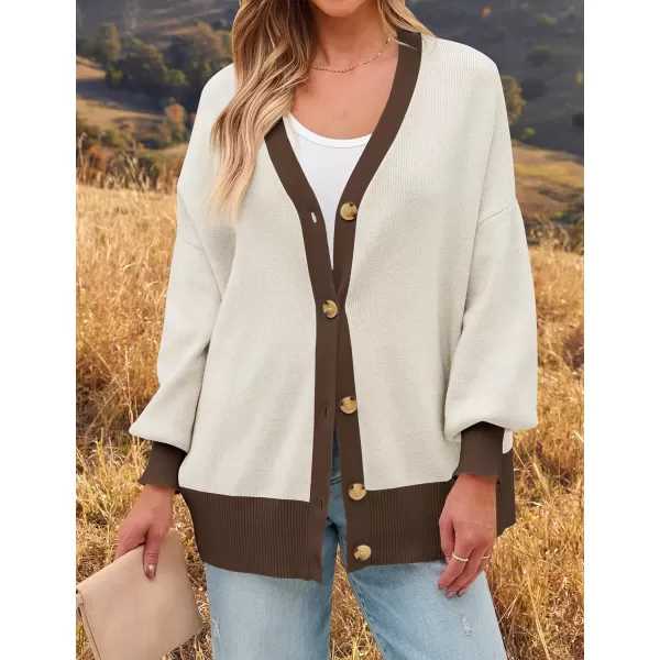 imageZESICA Womens Casual Loose Knitted Cardigan Long Sleeve Open Front Contrast Color Button Down Oversized Sweater CoatsBrown