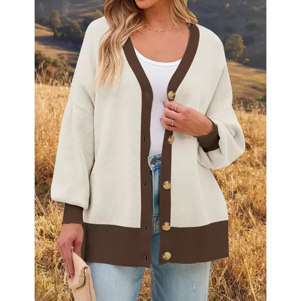 imageZESICA Womens Casual Loose Knitted Cardigan Long Sleeve Open Front Contrast Color Button Down Oversized Sweater CoatsBrown
