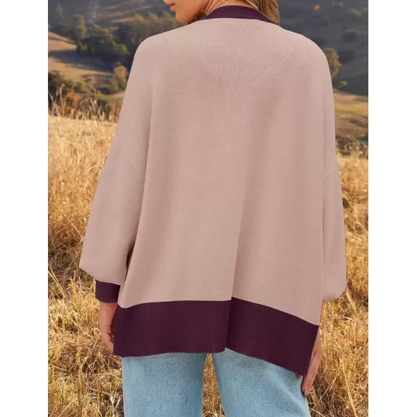 imageZESICA Womens Casual Loose Knitted Cardigan Long Sleeve Open Front Contrast Color Button Down Oversized Sweater CoatsDarkpink