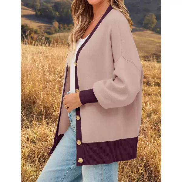 imageZESICA Womens Casual Loose Knitted Cardigan Long Sleeve Open Front Contrast Color Button Down Oversized Sweater CoatsDarkpink