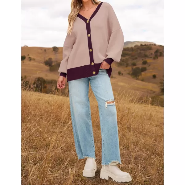 imageZESICA Womens Casual Loose Knitted Cardigan Long Sleeve Open Front Contrast Color Button Down Oversized Sweater CoatsDarkpink