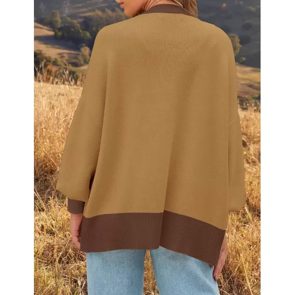 imageZESICA Womens Casual Loose Knitted Cardigan Long Sleeve Open Front Contrast Color Button Down Oversized Sweater CoatsKhaki
