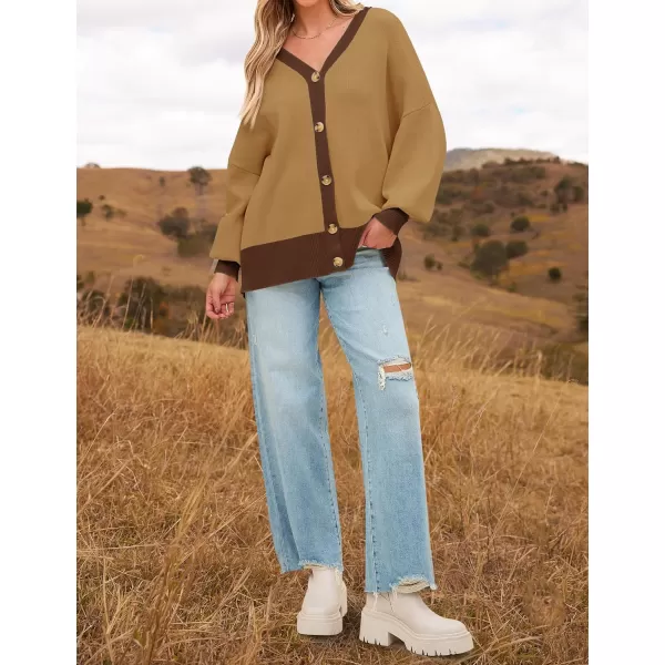 imageZESICA Womens Casual Loose Knitted Cardigan Long Sleeve Open Front Contrast Color Button Down Oversized Sweater CoatsKhaki