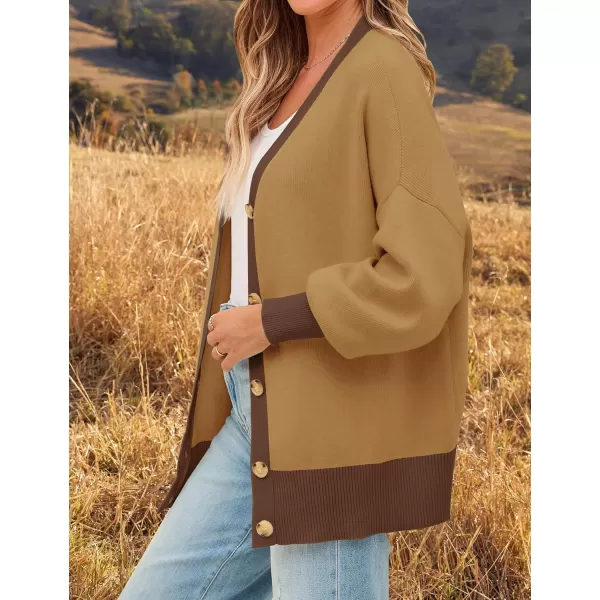 imageZESICA Womens Casual Loose Knitted Cardigan Long Sleeve Open Front Contrast Color Button Down Oversized Sweater CoatsKhaki