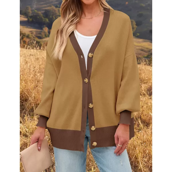 imageZESICA Womens Casual Loose Knitted Cardigan Long Sleeve Open Front Contrast Color Button Down Oversized Sweater CoatsKhaki