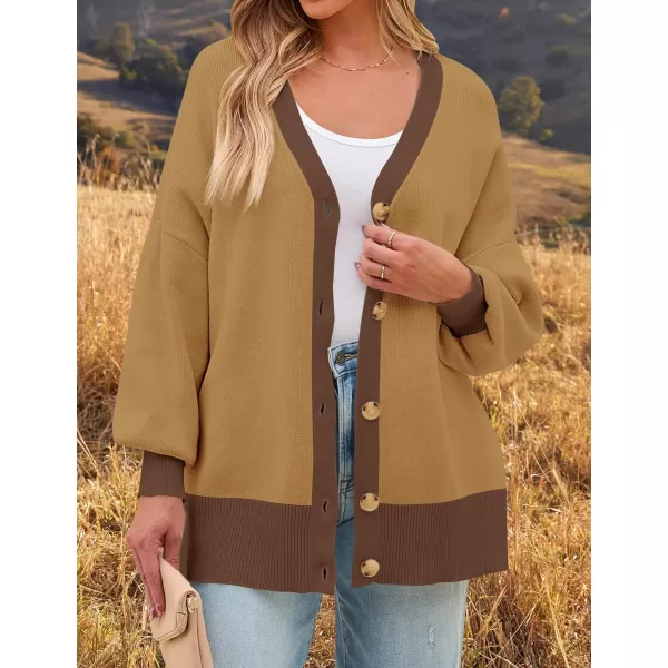 imageZESICA Womens Casual Loose Knitted Cardigan Long Sleeve Open Front Contrast Color Button Down Oversized Sweater CoatsKhaki
