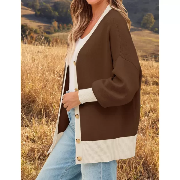 imageZESICA Womens Casual Loose Knitted Cardigan Long Sleeve Open Front Contrast Color Button Down Oversized Sweater CoatsMocha